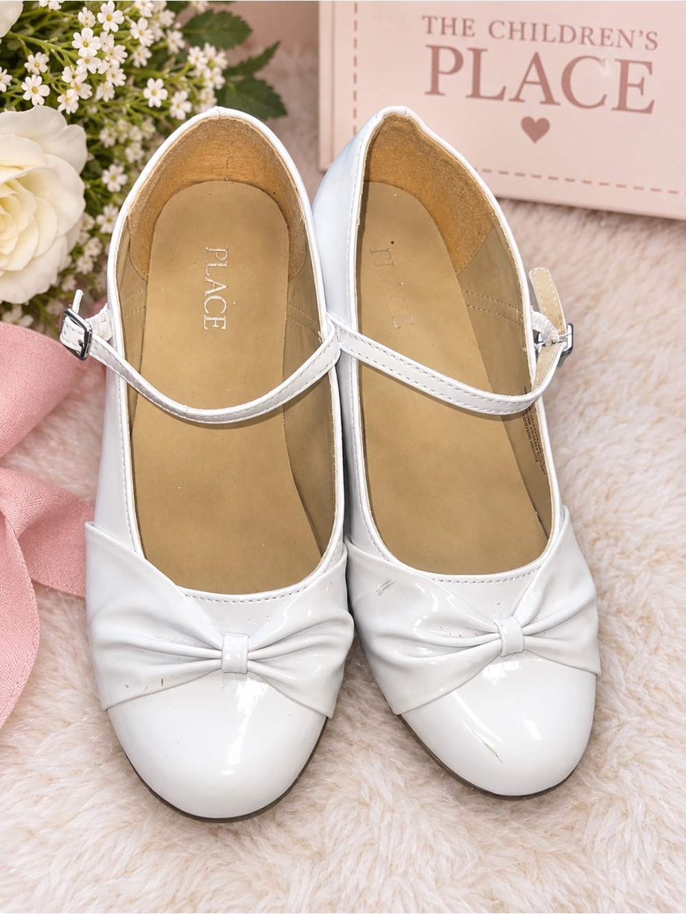 🤍 The Children’s Place White Patent Bow Mary Jane Dress Shoes – Girls Size 5